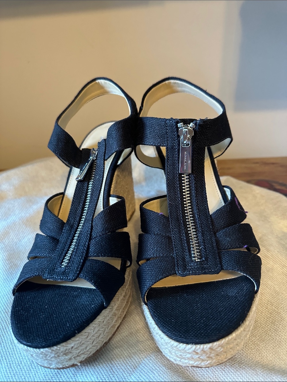 Michael Kors Black Wedge Espadrille Sandals with Front Zipper